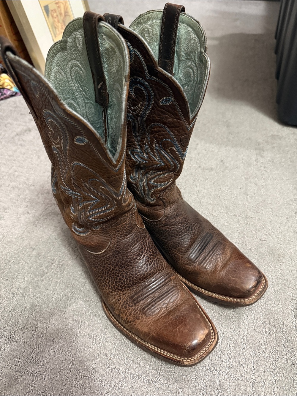 Ariat Brown Leather Western Heeled Boots with Mint Embroidered Shaft